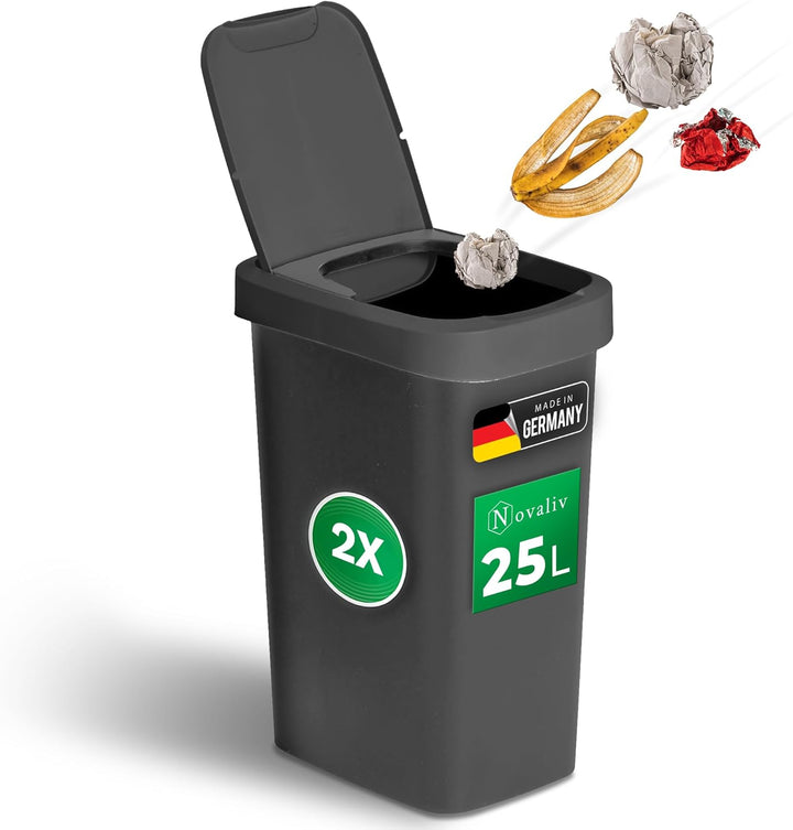 Novaliv 2x Mülleimer 25L mit 2in1 Deckel, Klappdeckel & Schwingdeckel, Anti-Geruch Abfalleimer für K