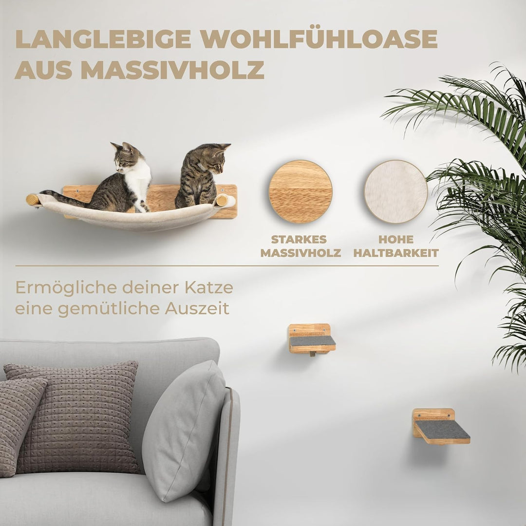 WOOWOOD® Kletterwand Katzen inkl. 2X Katzentreppe Wand [Massivholz] I Kratzbaum Wand I Hängematte Ka