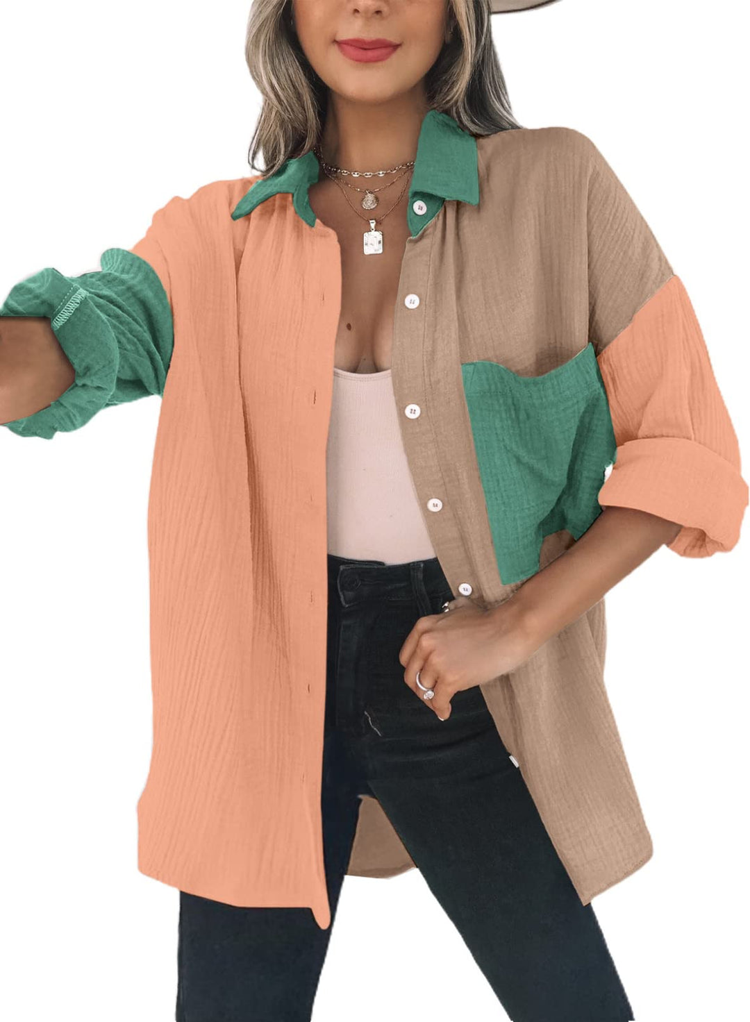 Dokotoo Kordhemd für Damen, Knopfleiste, Boyfriend-Stil, langärmelig, Oversized-Bluse, Top A Khaki S