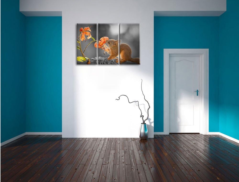 Pixxprint Eichhörnchen riecht an Einer Blume als Leinwandbild/Grösse: 3 Teilig (120x80 cm) cm/Wandbi