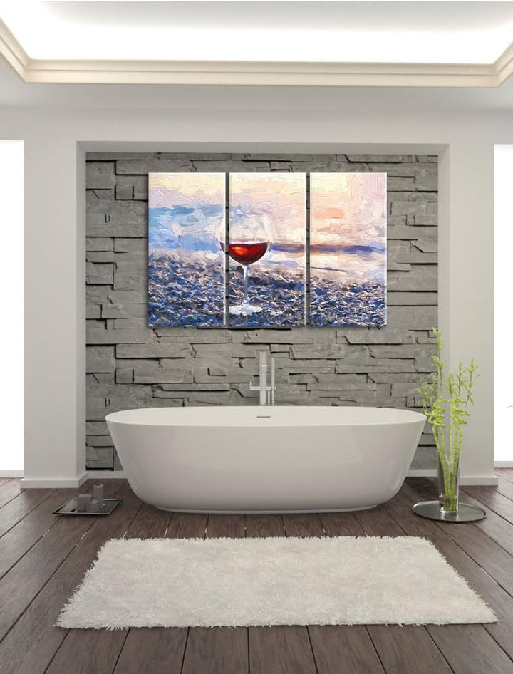 Pixxprint Weinglas am Steinstrand Pinsel Effekt 3-Teiler Leinwandbild 120x80 Bild auf Leinwand