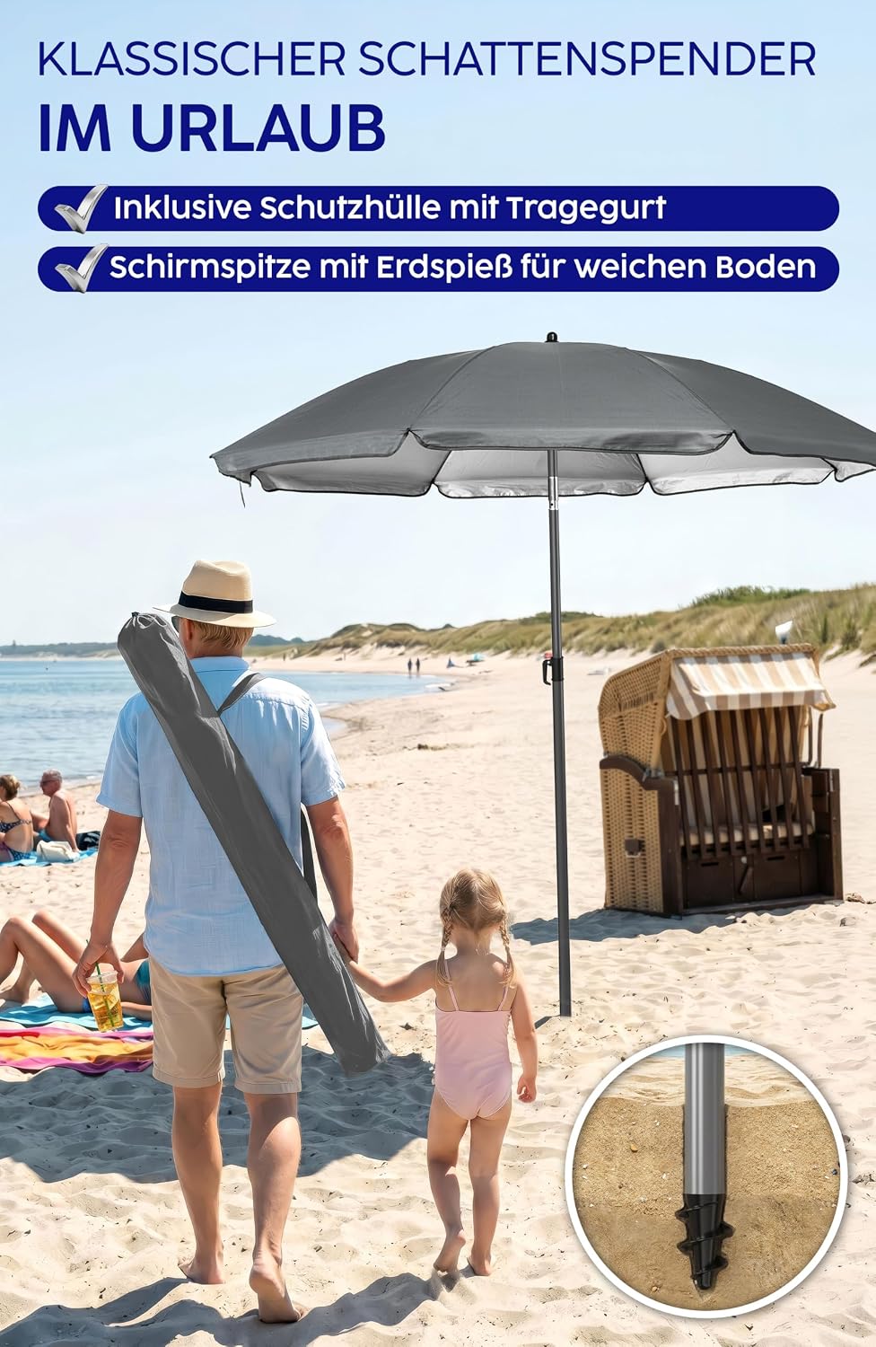 4smile Sonnenschirm Strand SunnyJoy, Anthrazit - UPF 50+ Strandschirm Ø 180 cm, sicherer Sonnenschut