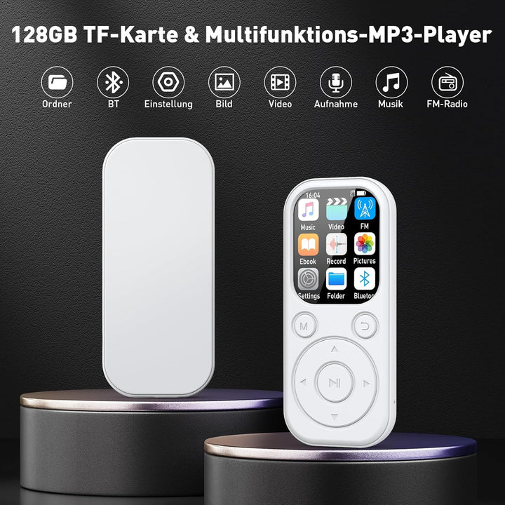 128GB MP3 Player Bluetooth, RWSRW MP3-Player mit Kopfhörer FM Radio Diktiergerät Mini Design HiFi-So