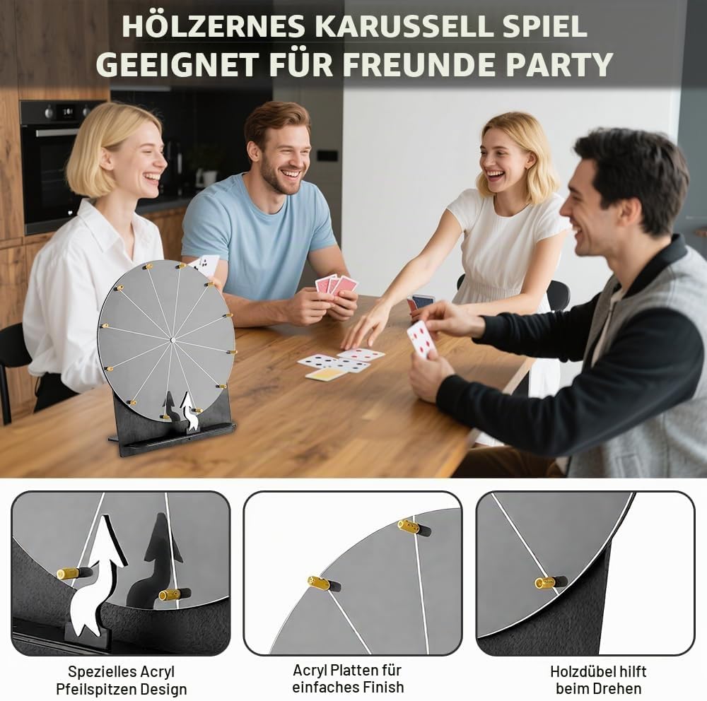 Glücksrad zum Drehen, 30CM Gluecksrad Holz, 12 Steckplätze Glücksrad mit Trocken Abwischbarem Marker