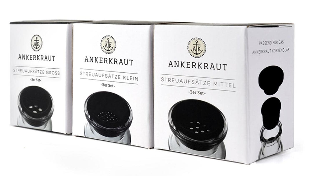 Ankerkraut Streueraufsätze für Korkengläser zum einfachen Dosieren, 3 x 3 verschiedene Lochgrössen,