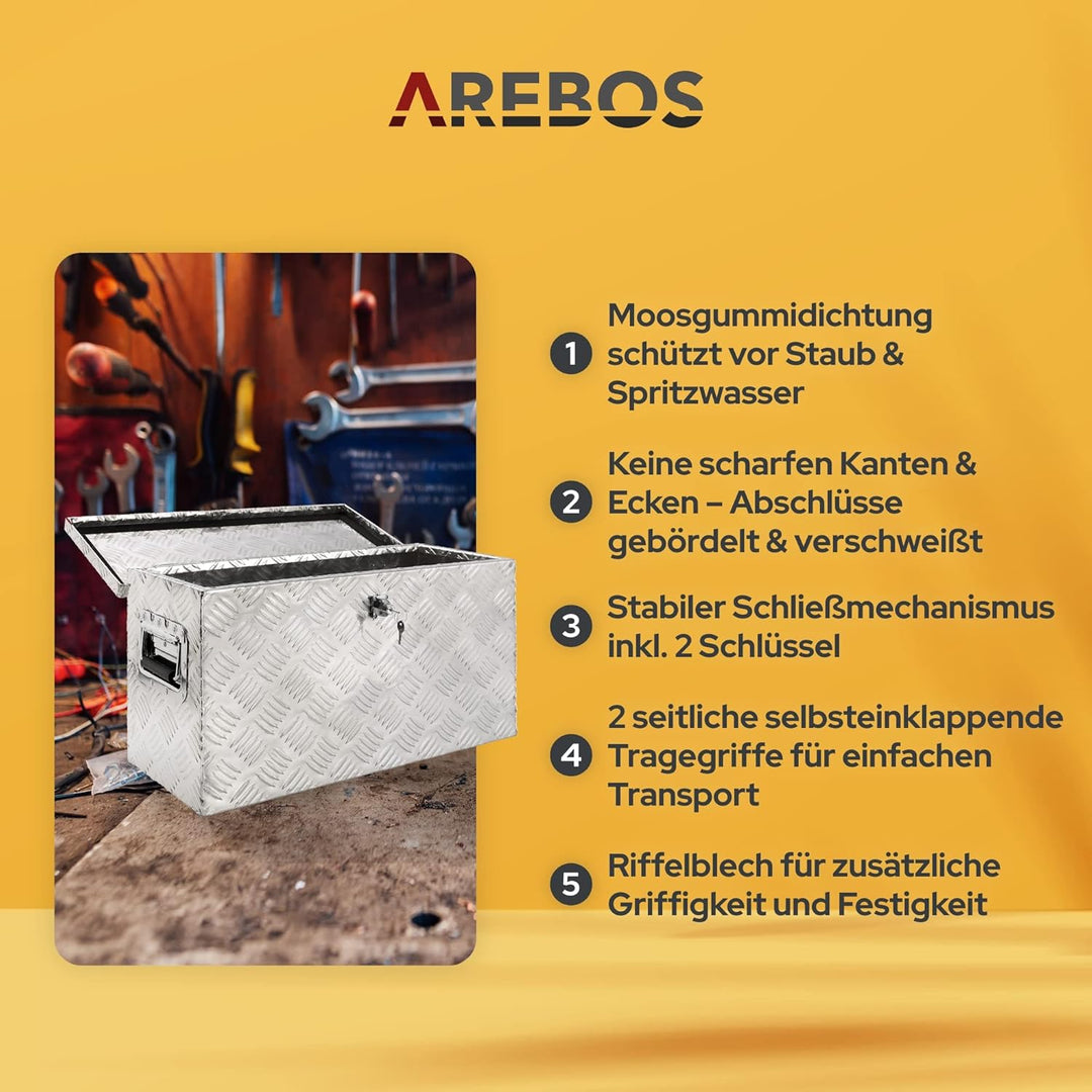 Arebos Truckbox 40 Liter | Aluminium Werkzeugbox mit Schloss | Deichselbox | | 60 x 25 x 30 cm | Anh