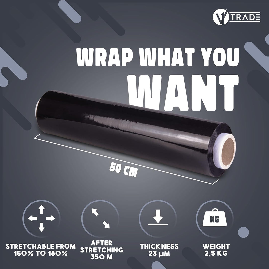 V1 Trade Stretchfolie Schwarz Strechfolienrolle - 6 Wickelfolie - Handstretchfolie - 50cm Breit - Ve