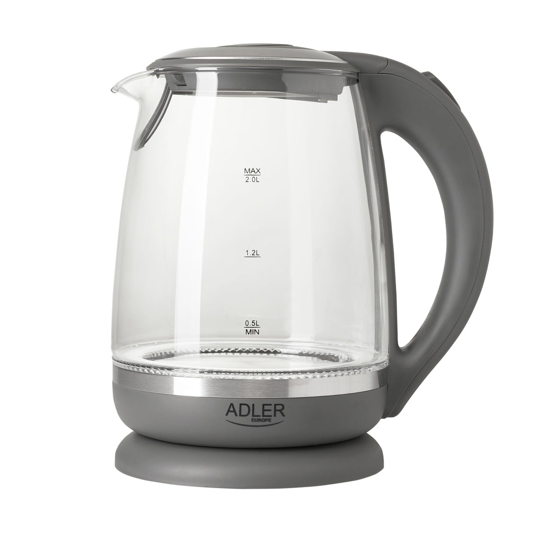Adler AD 1286 Wasserkocher aus Glas und Kunstoff, 2L, 2000 W, LED Beleuchtung, Glaswasserkocher für