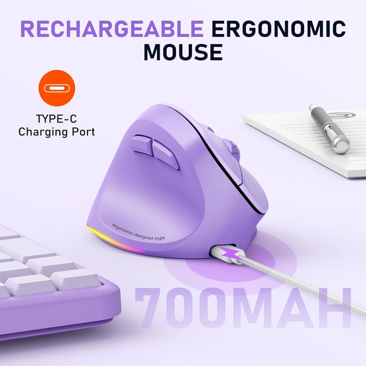 MEETION Linkshänder-Maus, Ergonomisch, Kabellos, Vertikal, RGB für Bluetooth (5.2 + 3.0) und USB-A M