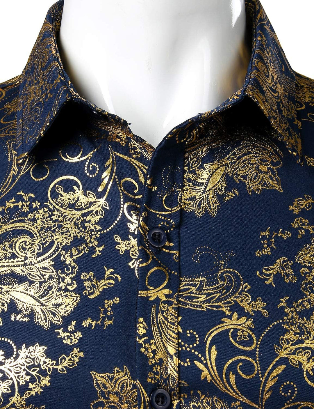 PARKLEES Herren Luxus Paisley Gemustert Golden Glänzend Slim Fit Freizeithemd M Navy Golden, M Navy