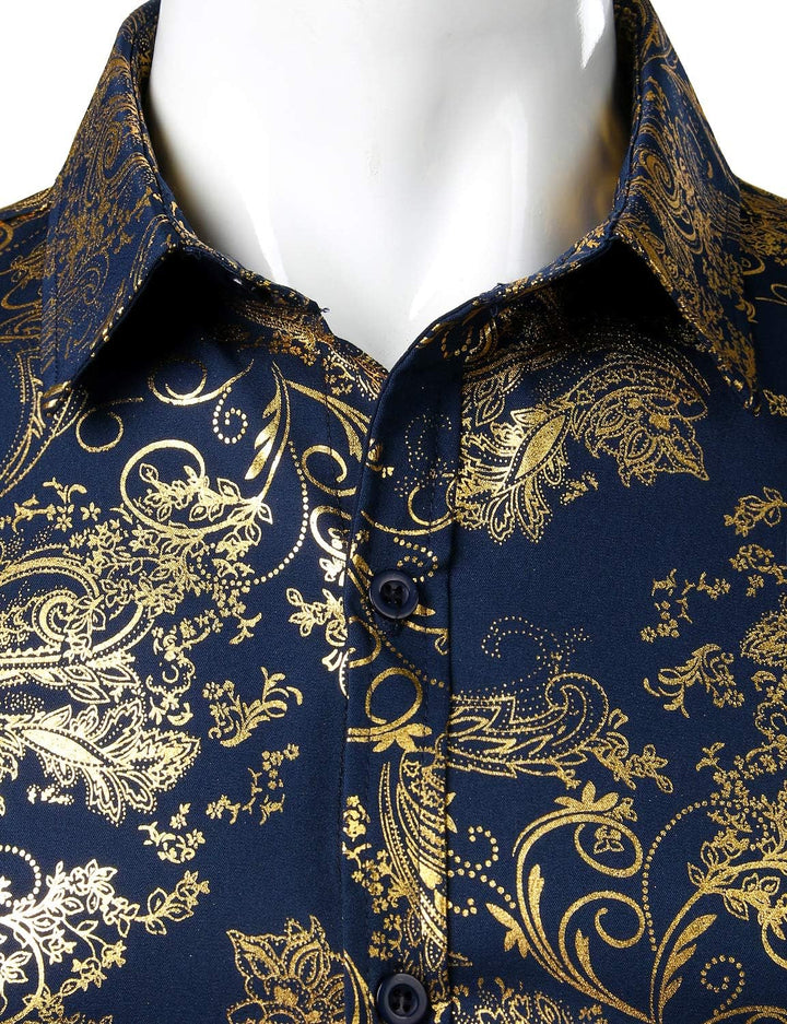 PARKLEES Herren Luxus Paisley Gemustert Golden Glänzend Slim Fit Freizeithemd M Navy Golden, M Navy