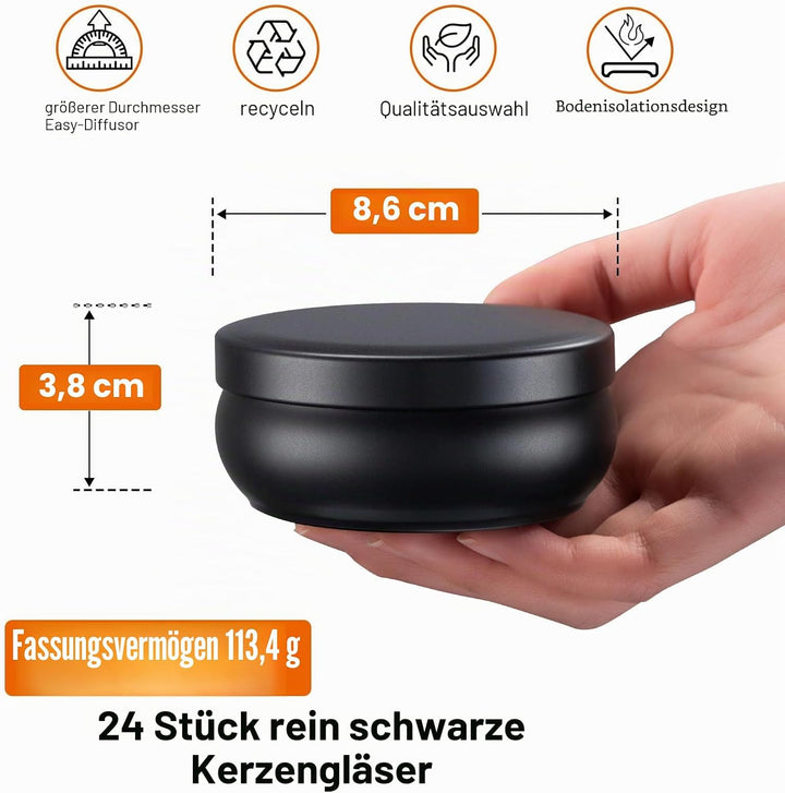 24er Set Schwarz Kerzengläser mit Deckel, 120 ml Weitmundige Leere Gläser für Handgemachte Kerzen, i