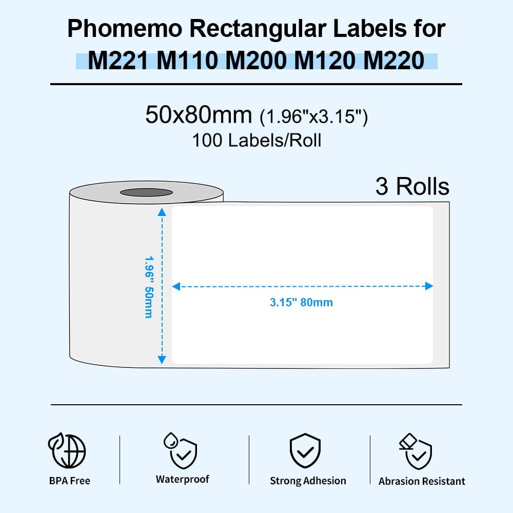 Phomemo M110/M200/M220/M221/M120 Selbstklebende Etiketten, 1.97"x3.15"(50x80mm) Thermoetiketten papi