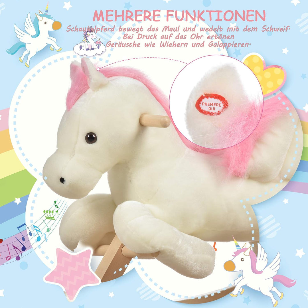 HOMCOM Schaukelpferd Schaukeltier mit Sound Effekt, Haltegriffen, Plüsch Baby Schaukelspielzeug Scha