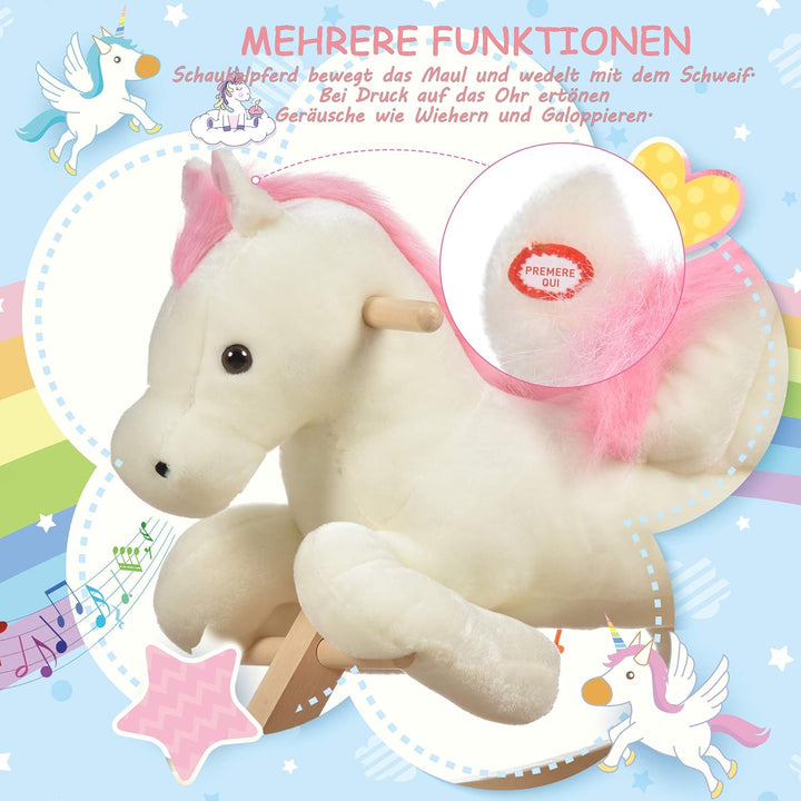 HOMCOM Schaukelpferd Schaukeltier mit Sound Effekt, Haltegriffen, Plüsch Baby Schaukelspielzeug Scha