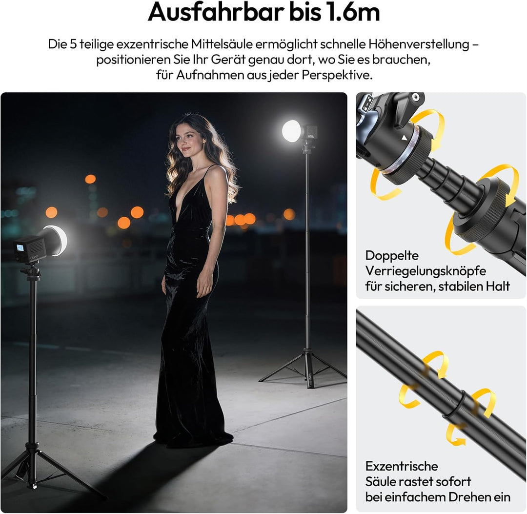 ULANZI MT93 Universelles 1/4'' Kamera Stativ Lichtstativ [Automatisch Ausklappend] 160cm Alu, Uka Sc