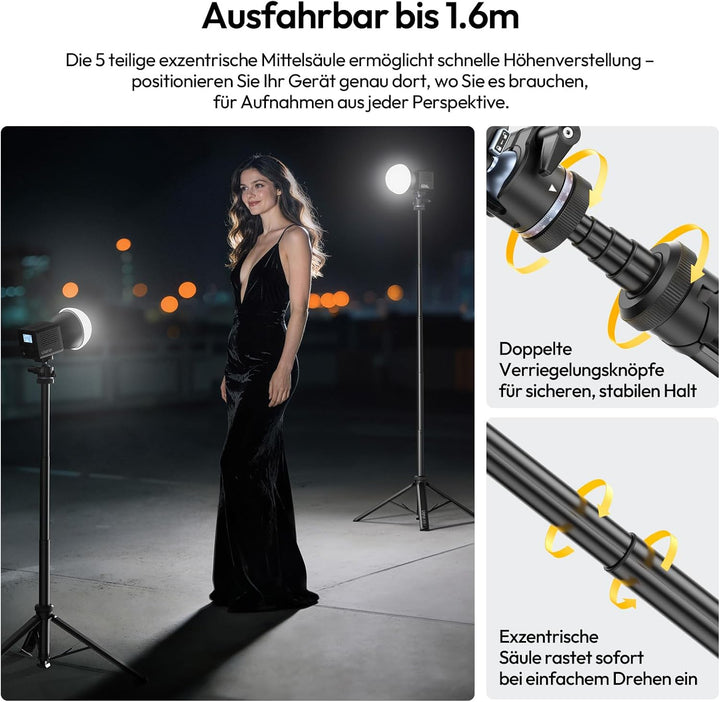 ULANZI MT93 Universelles 1/4'' Kamera Stativ Lichtstativ [Automatisch Ausklappend] 160cm Alu, Uka Sc