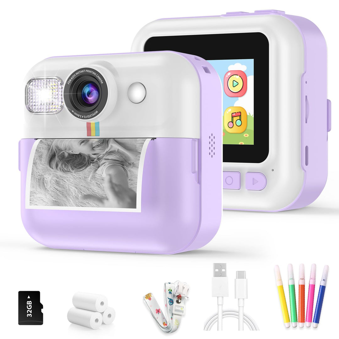 Kinderkamera Sofortbildkamera,Sofortbildkamera Kinder, 1080P Digitalkamera Kinder mit 32GB Karte Dru