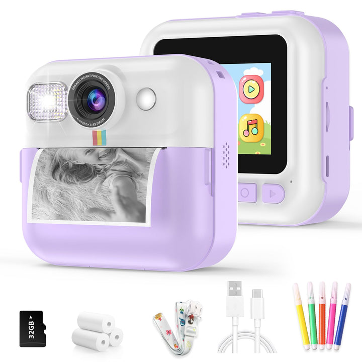 Kinderkamera Sofortbildkamera,Sofortbildkamera Kinder, 1080P Digitalkamera Kinder mit 32GB Karte Dru