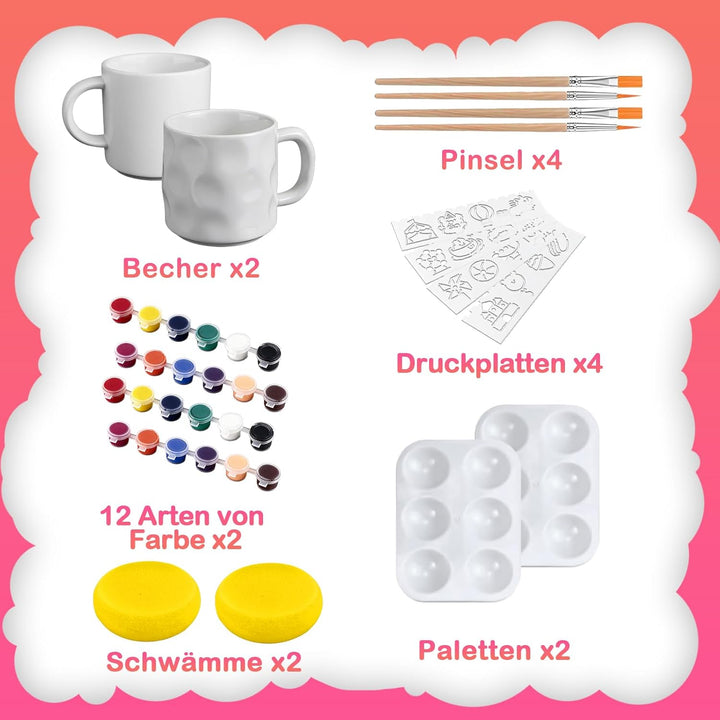 Keramik Bemalen Set für Erwachsene, Tassenmalset zum Selbermachen für Anfänger mit 2 Tassen, Pinsel,