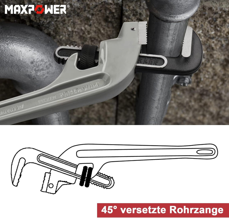 MAXPOWER 350mm Rohrzange Chrom Rohrzange für Plastikrohre 45° Rohrzange Profi Maximale Öffnung 33mm
