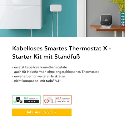 tado° Kabelloses Smartes Thermostat X – Starter Kit mit Raumthermostat, Bridge X und Standfuss, Steu