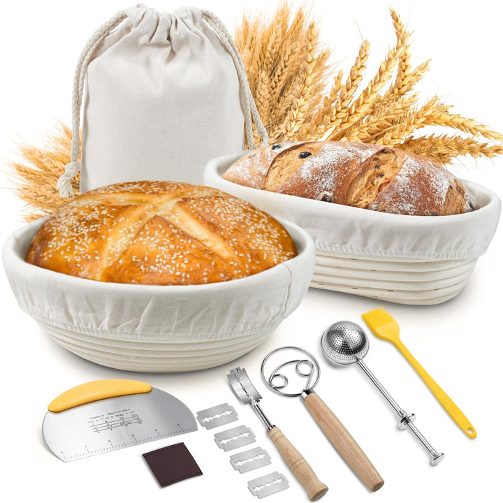 Gärkörbchen Set, Sopito Gärkörbchen für Brot 23cm Rund & 24,5cm Oval Gärkorb mit Leinentuch, Teigsch