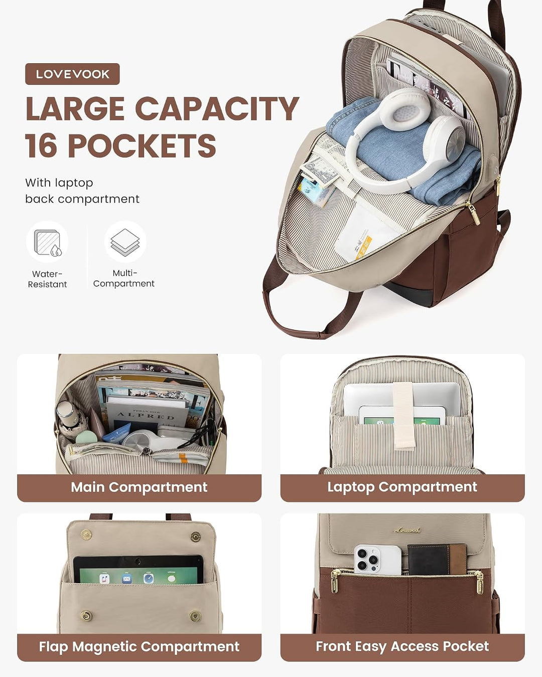 LOVEVOOK Rucksack Damen, Schulrucksack Teenager Mädchen 15,6 Zoll mit Laptopfach, Wasserdicht Schult
