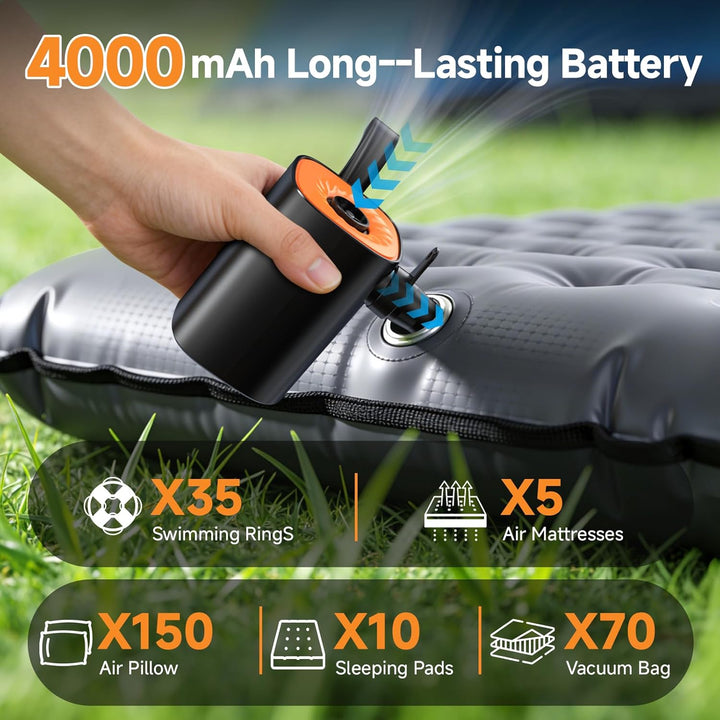 Elektrische Luftpumpe, 4000mAh Akku Luftpumpe mit LED-Beleuchtung/Aufhängehaken/4 Luftdüse | 5 kPa,