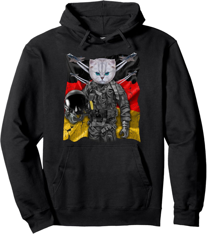 Weisse Katze als Kampfpilot mit deutscher Flagge Pullover Hoodie