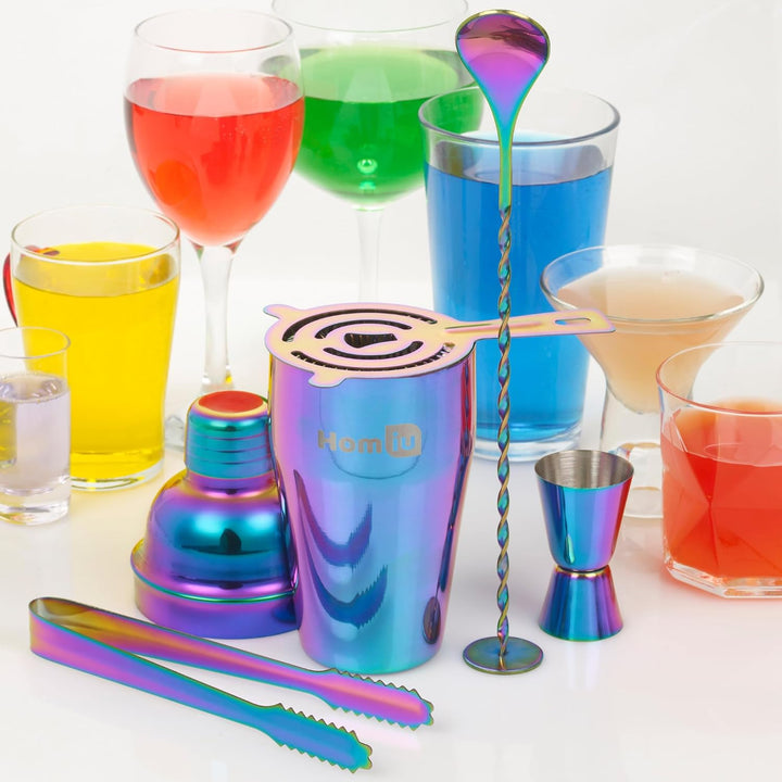 Homiu, Qualitatives Edelstahl Cocktail – Shaker Set (550ml) mit Rainbow Design, schillernder Edelsta