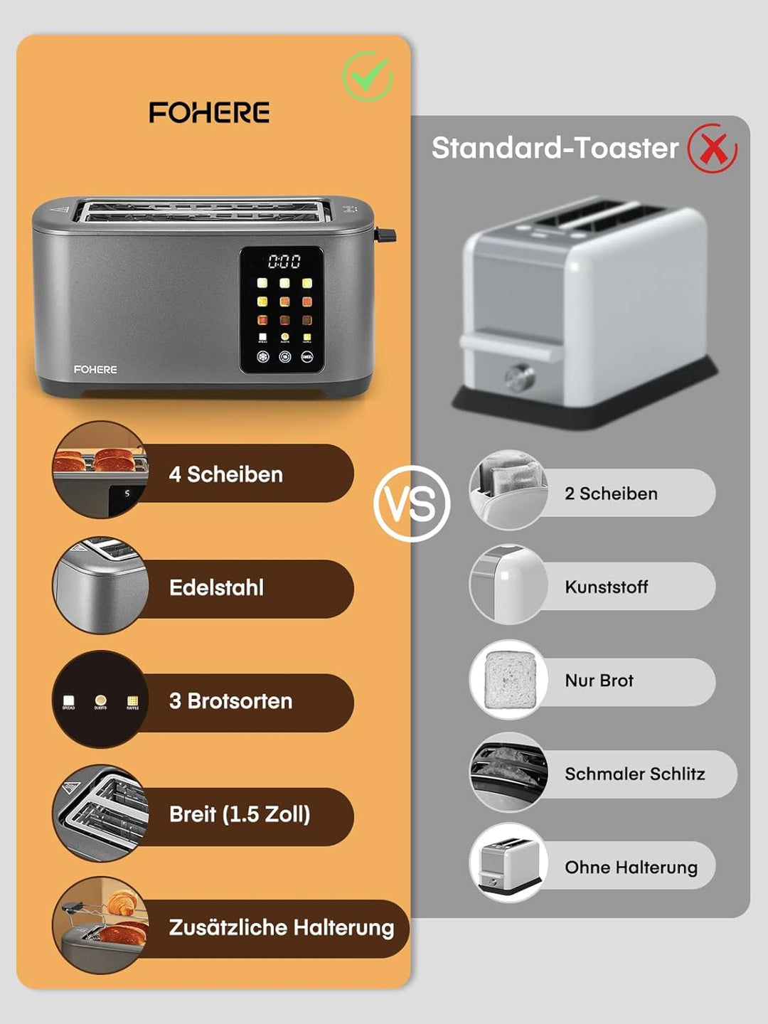 Toaster 4 Scheiben, 1400W Edelstahl Langschlitz Toaster, 9 Farbeinstellungen und 3 Brotsorten, Abbru