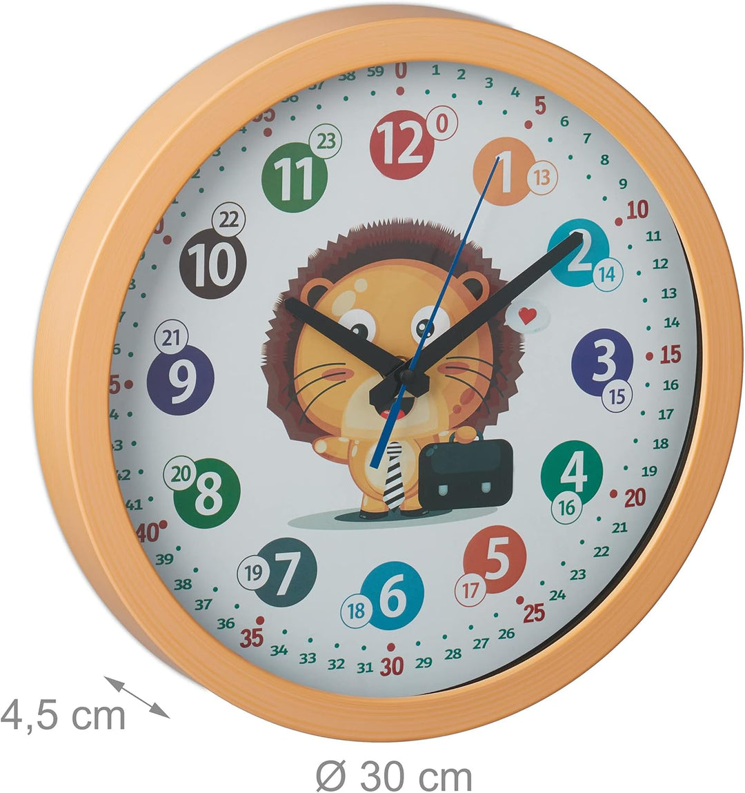 Relaxdays Wanduhr Kinder, Ø 30 cm, Kinderzimmeruhr Löwe, Bunte Zahlen, Uhrzeit Lernen, Lernuhr Junge