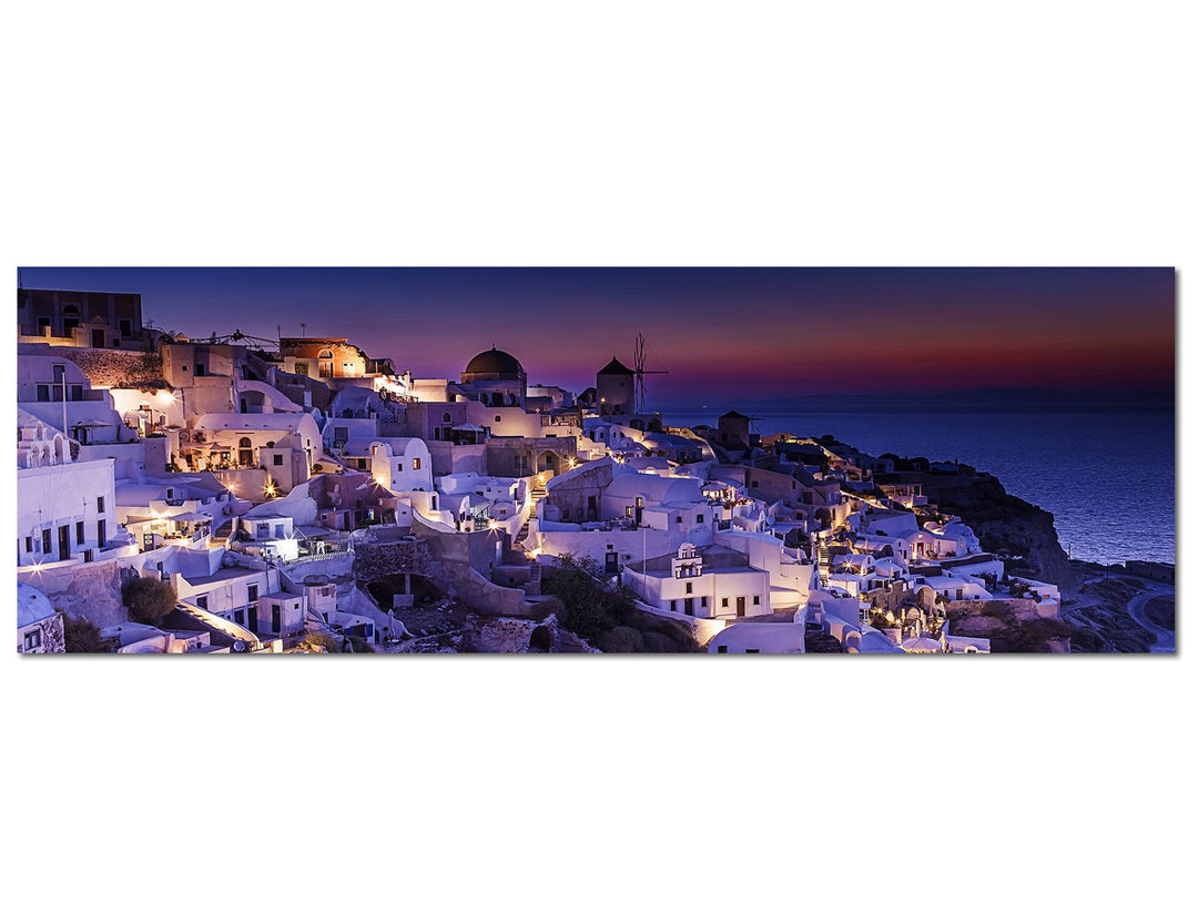 Paul Sinus Art Panoramabild auf Leinwand und Keilrahmen 150x50cm Griechenland Santorini Vollmond Mee