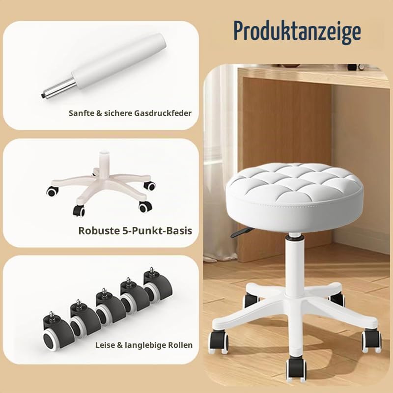 Kleiner Hocker – Runder Rollhocker mit Rädern – Höhenverstellbarer Drehschemel aus PU-Leder – Arbeit