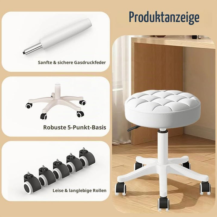 Kleiner Hocker – Runder Rollhocker mit Rädern – Höhenverstellbarer Drehschemel aus PU-Leder – Arbeit