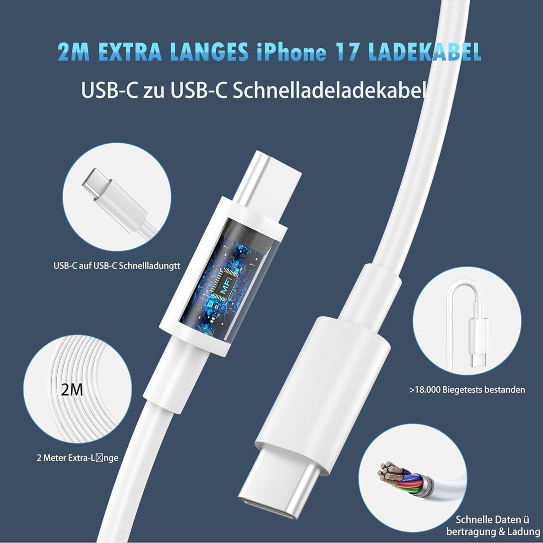 USB C Ladegerät mit Ladekabel für iPhone 17 16 15 Pro Max Air Plus 25W USB-C Schnellladegerät mit 2M