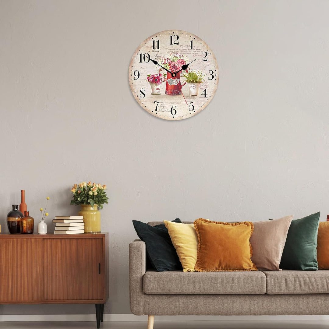TAHEAT 30 cm Vintage Blume Wanduhr, Holz Retro Shabby Chic Uhren, Lautlos Geräuschlos Landhausstil W