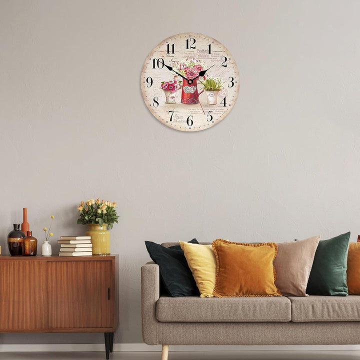 TAHEAT 30 cm Vintage Blume Wanduhr, Holz Retro Shabby Chic Uhren, Lautlos Geräuschlos Landhausstil W