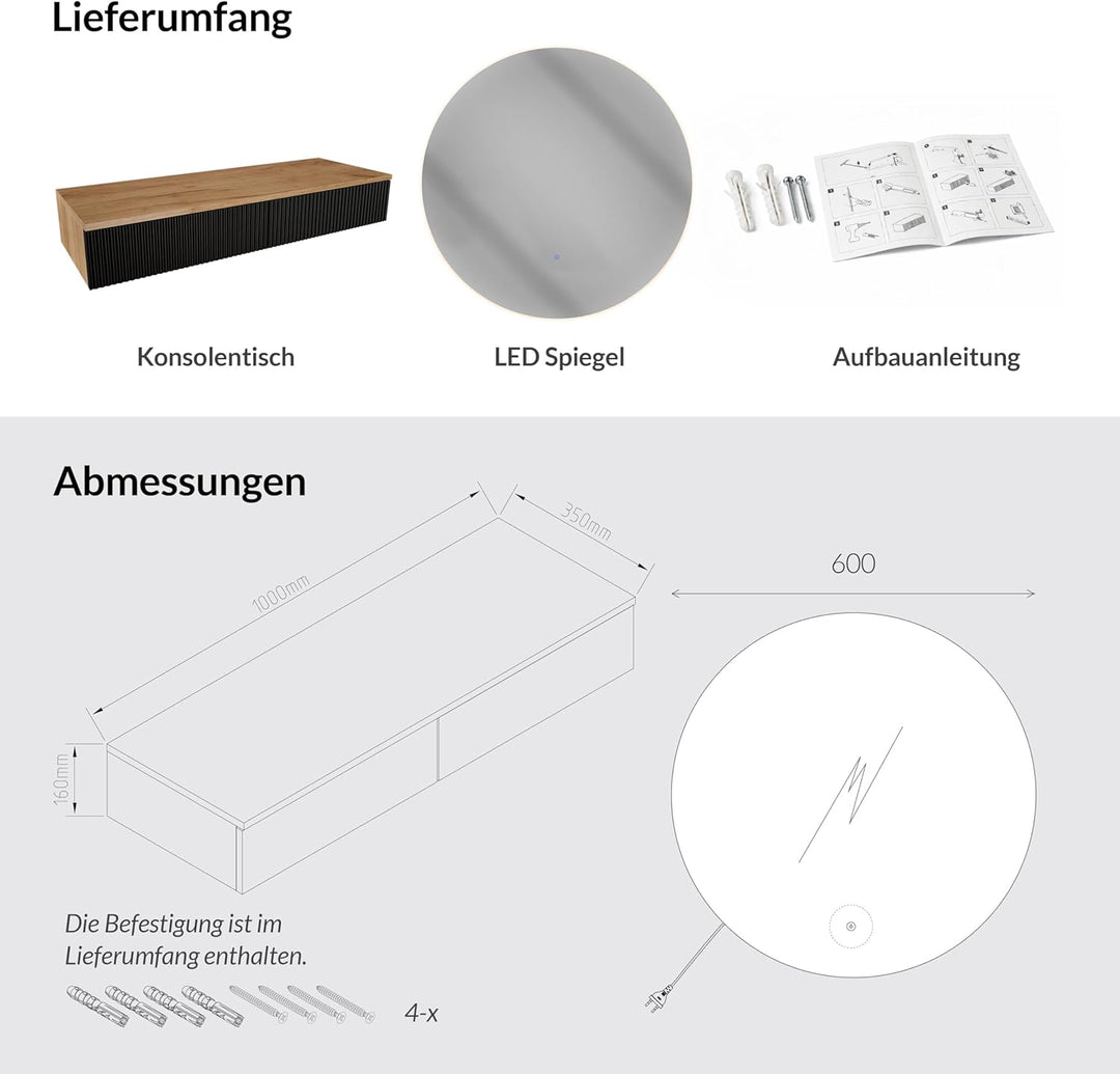 Planetmöbel Flur Garderobe Set Konsolentisch 100 cm inkl. Spiegel mit Beleuchtung rund (ohne Rahmen)