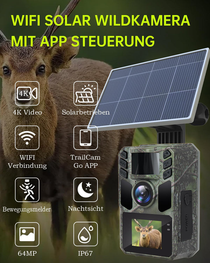 FKPCAM Wildkamera Solar WLAN mit Handyübertragung App, 4K HD Video 64MP Eingebaute 5000mAh Lithium-B
