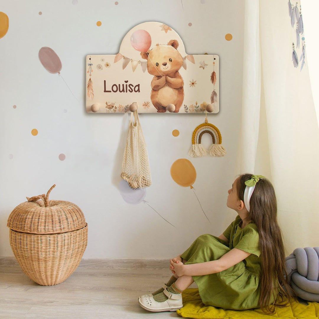 GRAVURZEILE Personalisierte Kindergarderobe - Bär - Personalisiert mit Name - Garderobe aus Holz mit