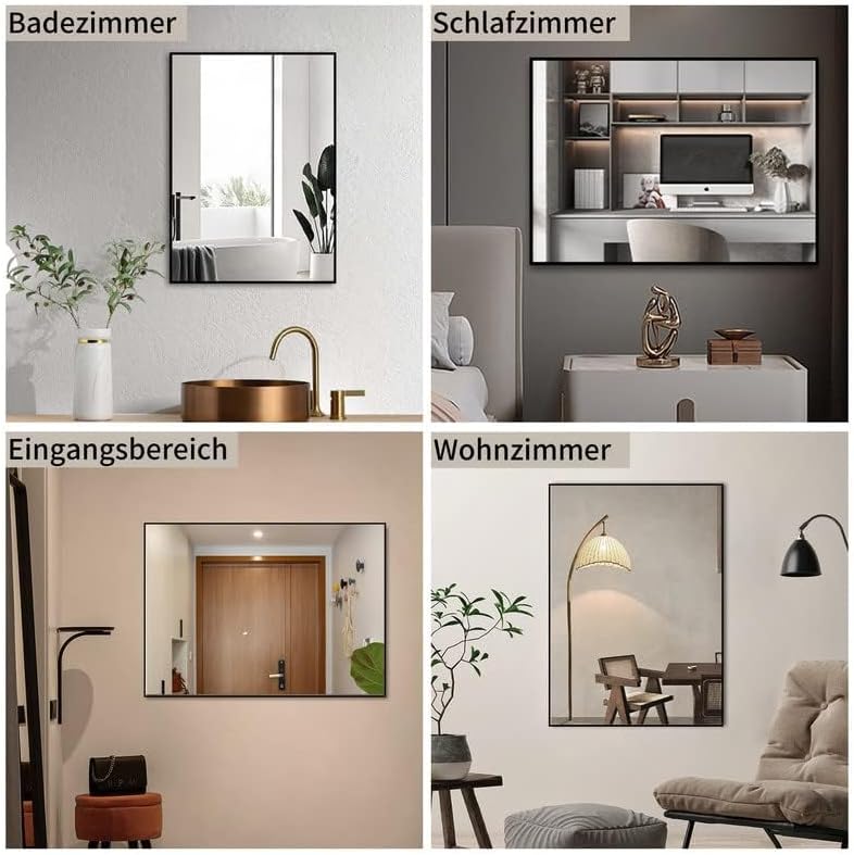 WOWINNE Spiegel Schwarz 40x60cm Wandspiegel Rechteckiger mit Metall Rahmen Badezimmerspiegel Dekorat