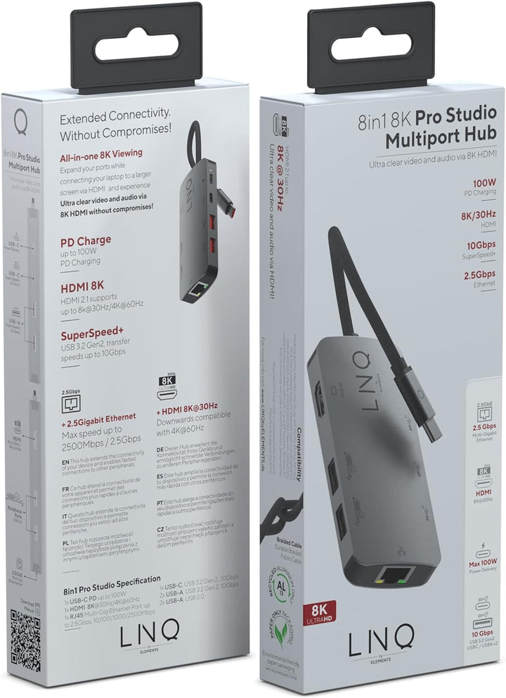 LINQ Connects Pro Multiport Hub 8in1 USB-C (8K Video/Audio 7.1 Surround) USB-C, HDMI, Ethernet, SD u