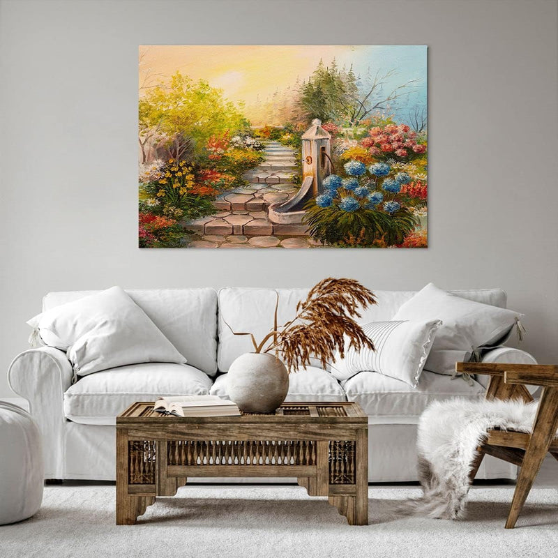 ARTTOR Bilder auf Leinwand 100x70cm Leinwandbild Garten Blumen Sommer Gross Wanddeko Bild Schlafzimm