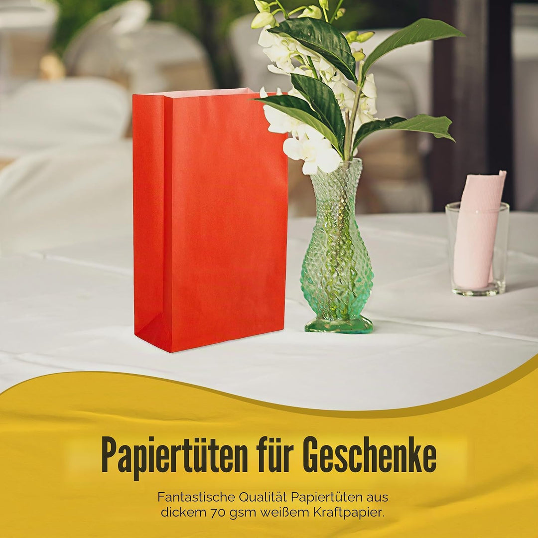 Thepaperbagstore 50 Rote Partytüten aus Papier – 14x24.5x7cm - Bunte Geschenktüten aus Papier für Ki