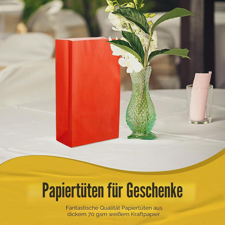 Thepaperbagstore 50 Rote Partytüten aus Papier – 14x24.5x7cm - Bunte Geschenktüten aus Papier für Ki