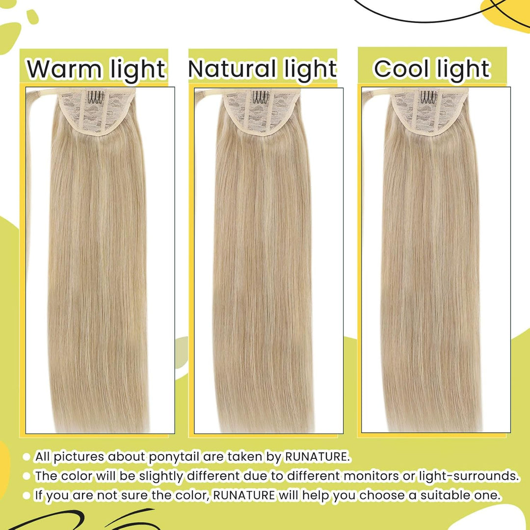 RUNATURE Zopf Extensions Echthaar Blond Highlights 35cm Ponytail Extensions Echthaar 70g Unsichtbare