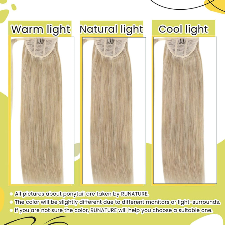 RUNATURE Zopf Extensions Echthaar Blond Highlights 35cm Ponytail Extensions Echthaar 70g Unsichtbare