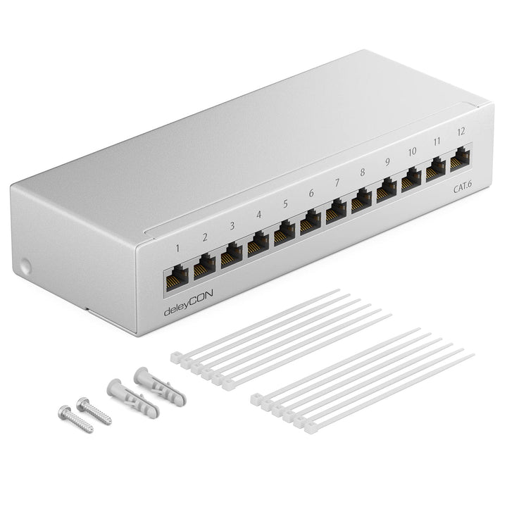 deleyCON CAT 6 Patchpanel Verteilerfeld 12 Port 1 HE Desktop & Wandmontage Geschirmt 12x RJ45 Buchse